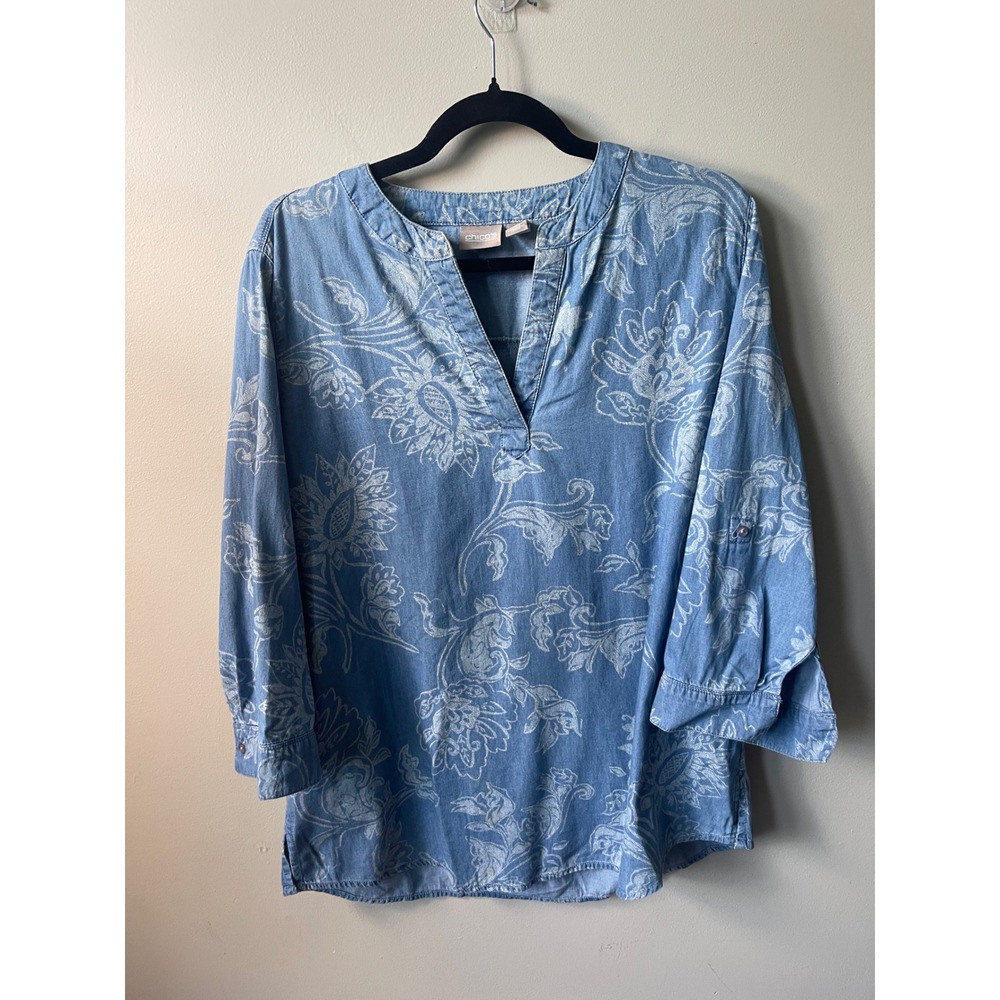 Chicos Blue Floral Cotton Denim Tunic Top 3/4 Roll Tab Sleeve travel boho relax